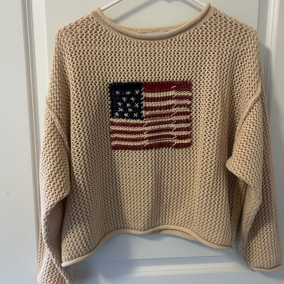 Lilyful Sweaters - Beige Open-Knit Crewneck Sweater with Flag Embroidery